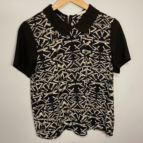 Le Lis Anthropologie Geometric Collared Short Sleeve Blouse Black Women’s Medium - Picture 1 of 4